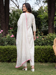 White Embroidered Straight Kurta Trousers With Dupatta Set