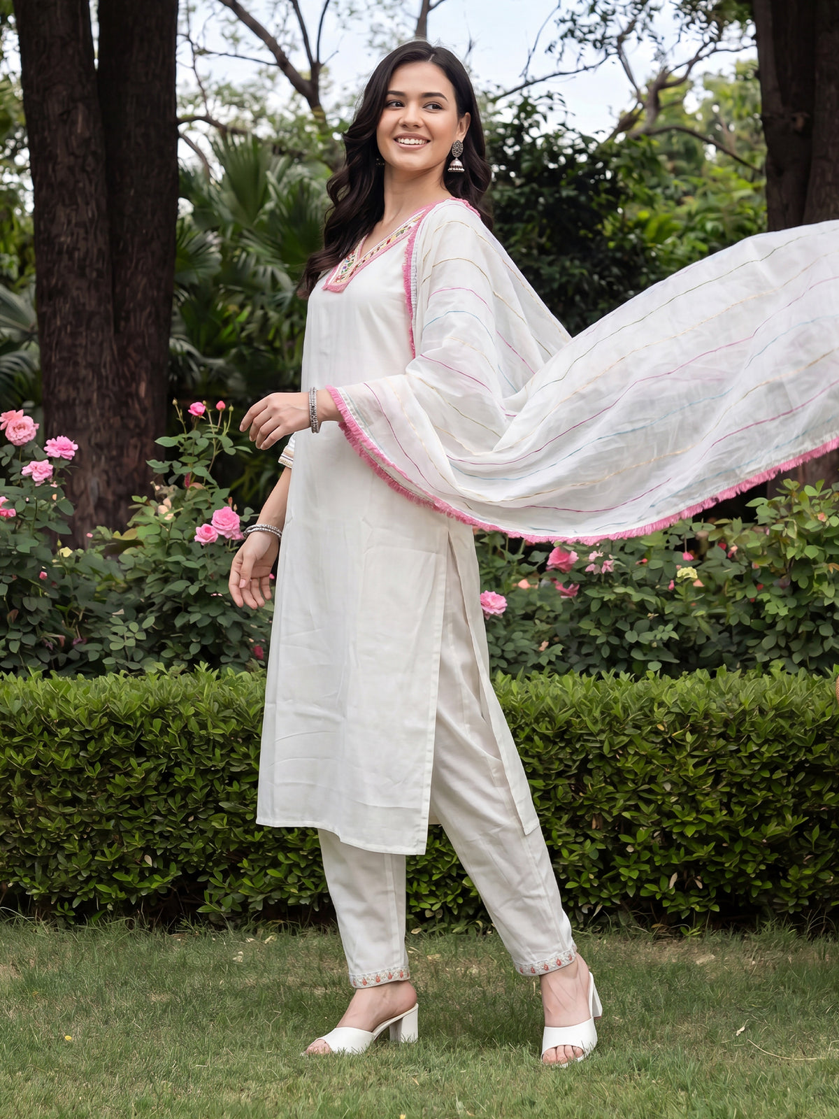 White Embroidered Straight Kurta Trousers With Dupatta Set