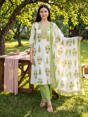 Off White Printed A-Line Kurta Trousers With Dupatta Set