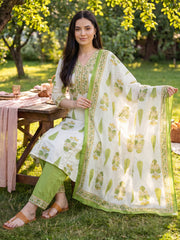 Off White Printed A-Line Kurta Trousers With Dupatta Set