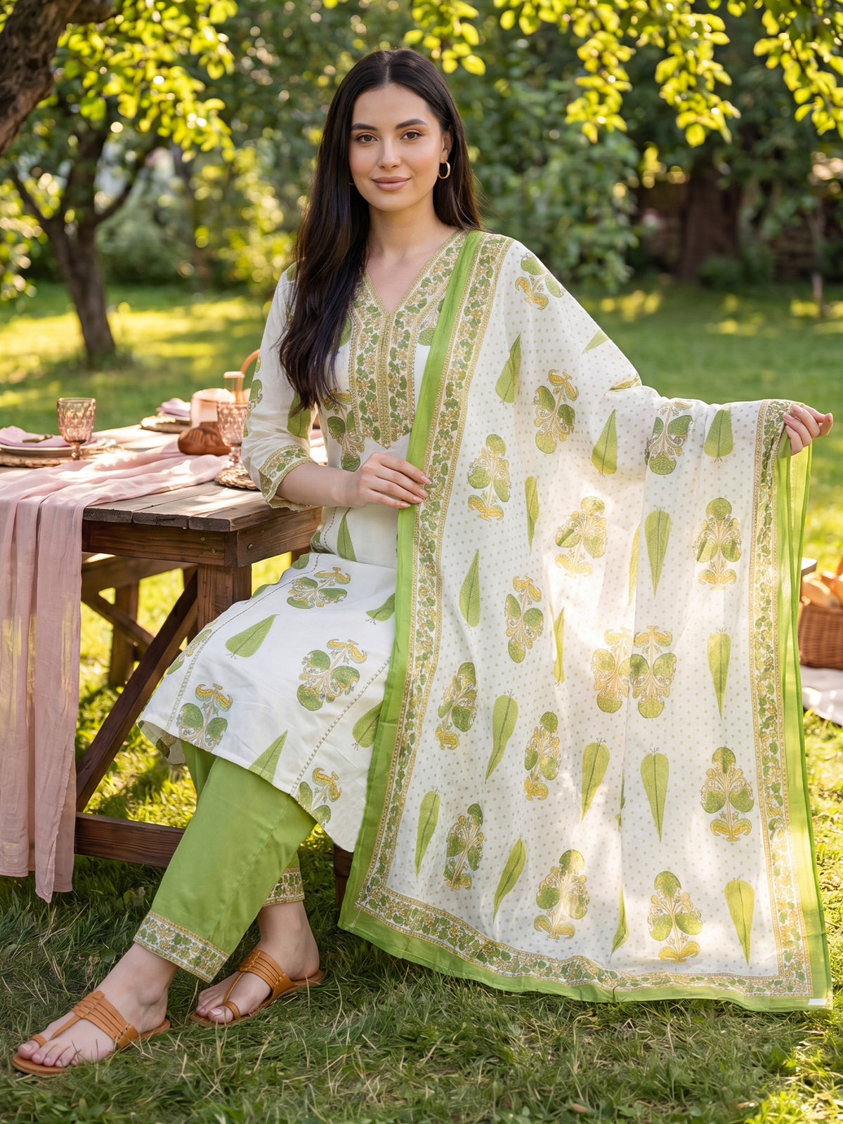 Off White Printed A-Line Kurta Trousers With Dupatta Set