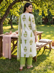 Off White Printed A-Line Kurta Trousers With Dupatta Set