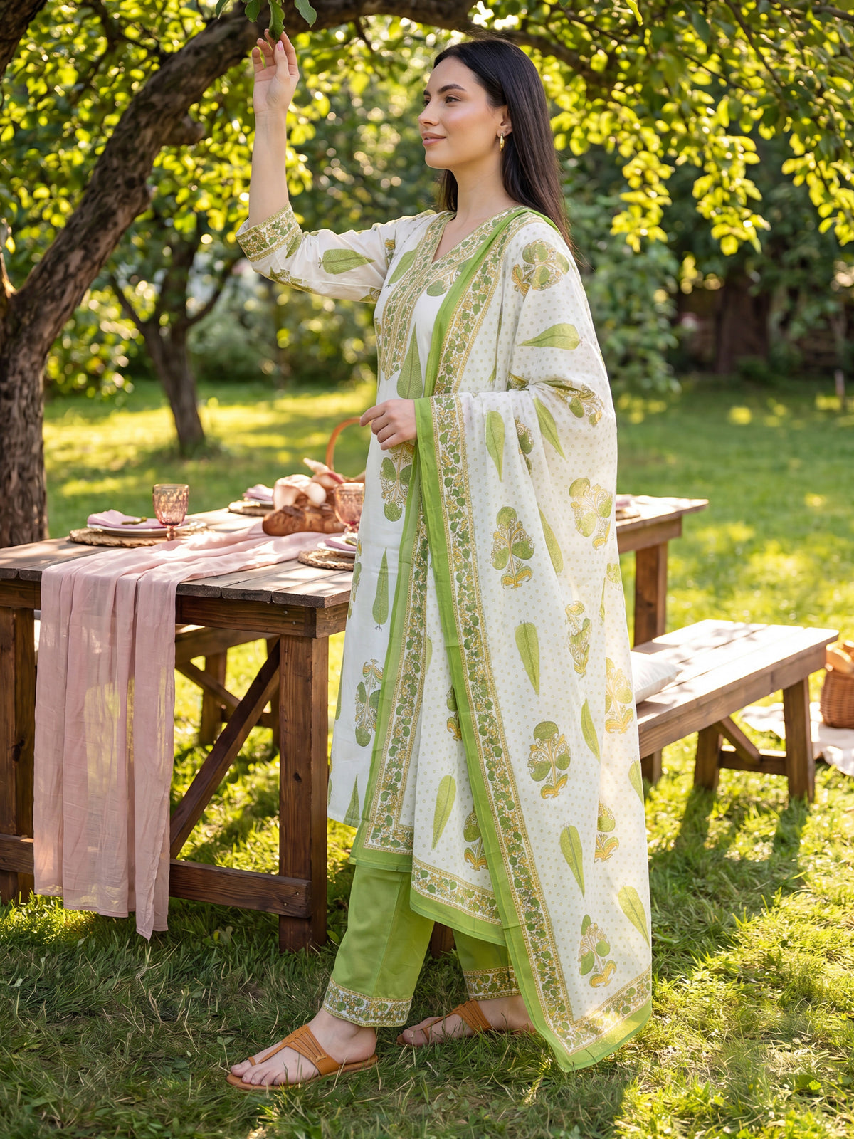 Off White Printed A-Line Kurta Trousers With Dupatta Set