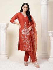 Rust Embroidered Straight Kurta Trousers With Dupatta Set