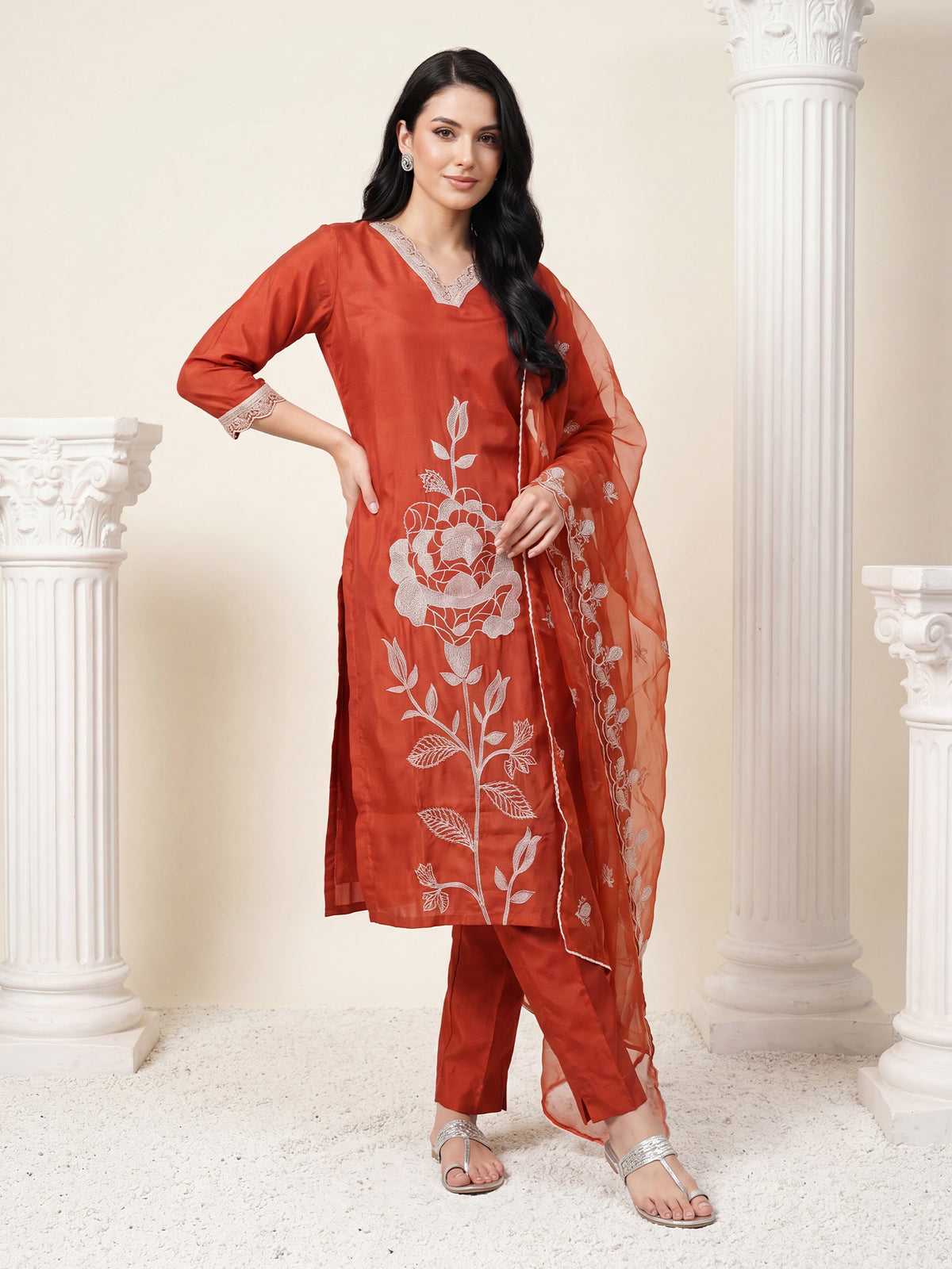 Rust Embroidered Straight Kurta Trousers With Dupatta Set