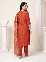 Rust Embroidered Straight Kurta Trousers With Dupatta Set