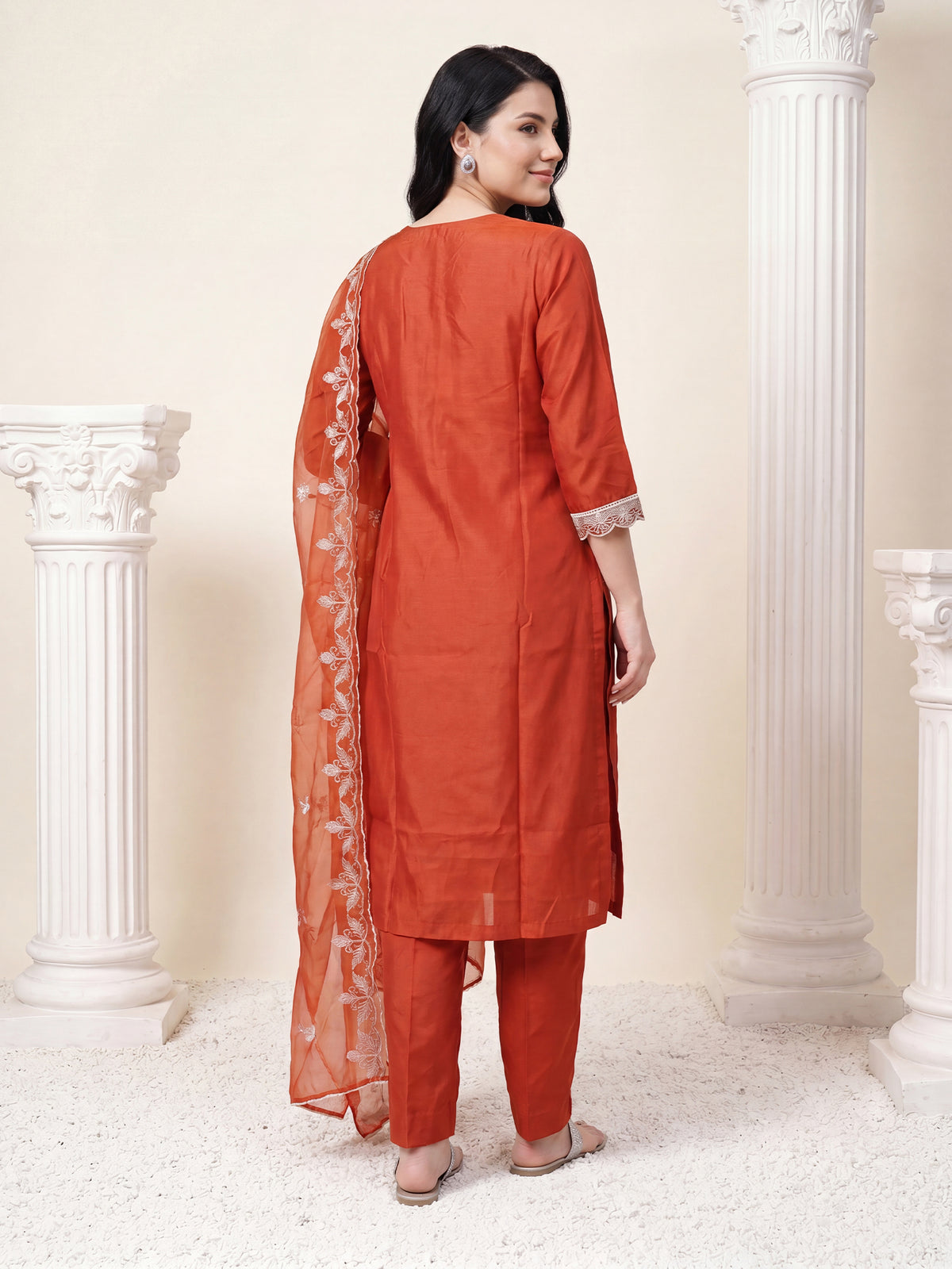 Rust Embroidered Straight Kurta Trousers With Dupatta Set