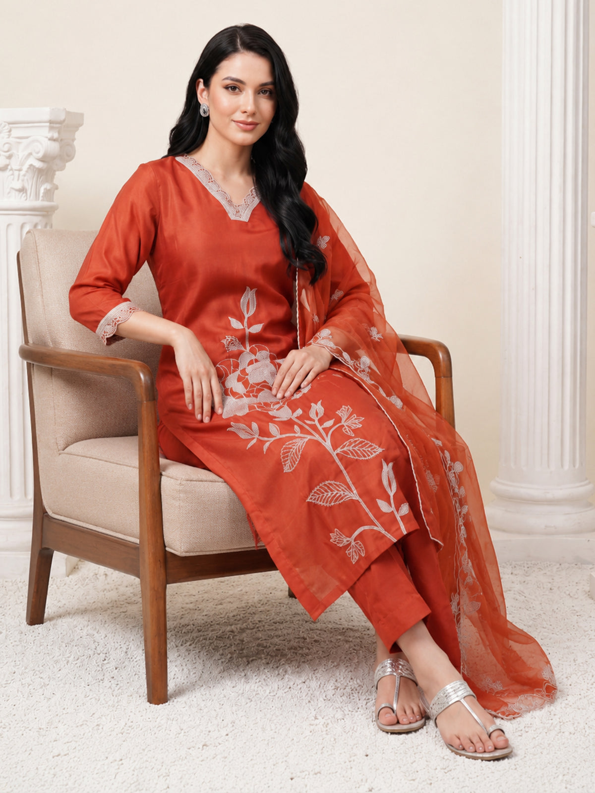 Rust Embroidered Straight Kurta Trousers With Dupatta Set