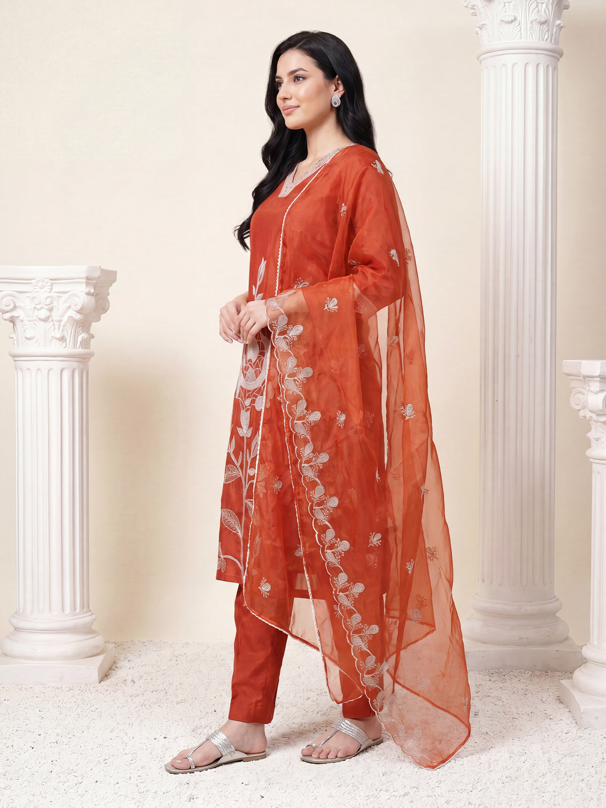 Rust Embroidered Straight Kurta Trousers With Dupatta Set