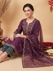 Burgundy Embroidered Straight Kurta Trousers With Dupatta Set