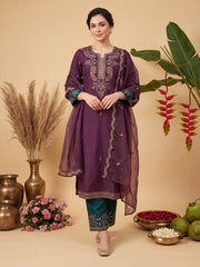 Burgundy Embroidered Straight Kurta Trousers With Dupatta Set