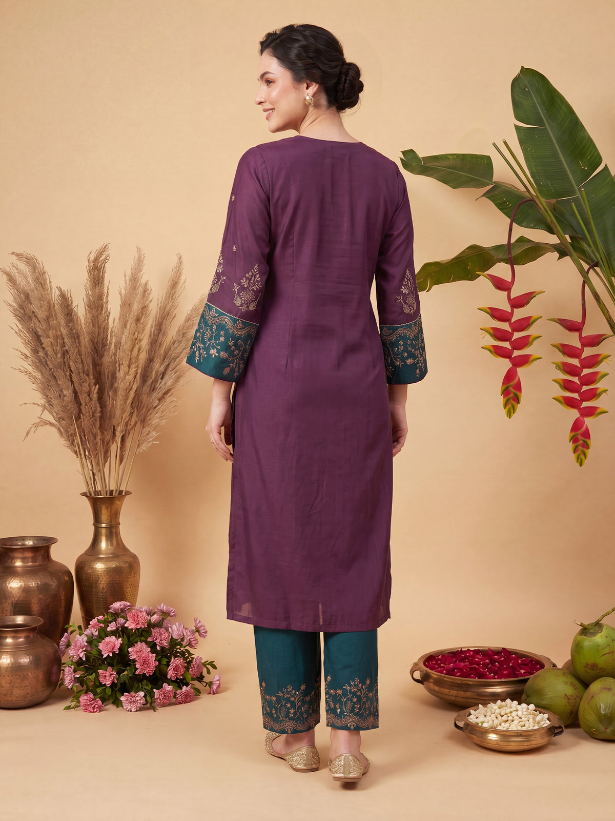 Burgundy Embroidered Straight Kurta Trousers With Dupatta Set