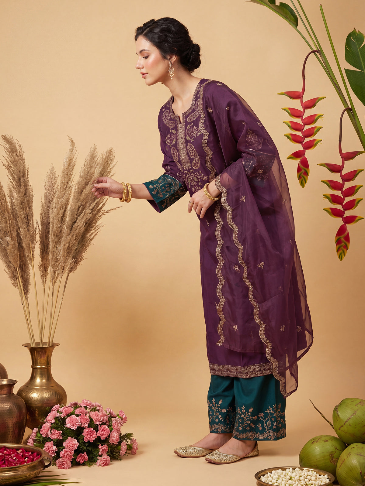 Burgundy Embroidered Straight Kurta Trousers With Dupatta Set