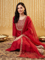 Red Embroidered Straight Kurta Trousers With Dupatta Set