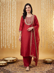 Red Embroidered Straight Kurta Trousers With Dupatta Set