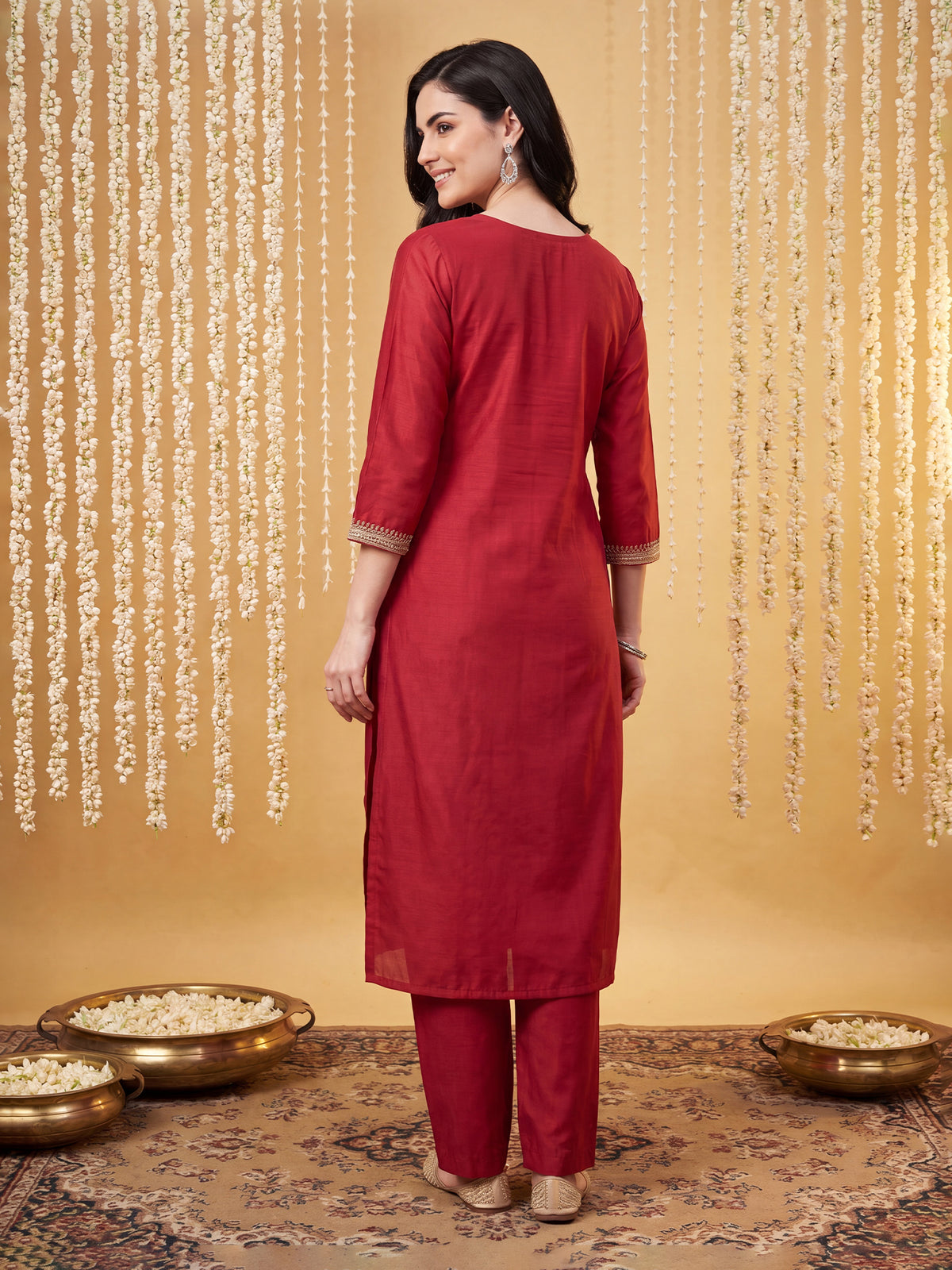 Red Embroidered Straight Kurta Trousers With Dupatta Set