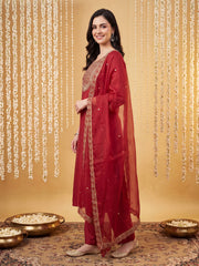 Red Embroidered Straight Kurta Trousers With Dupatta Set