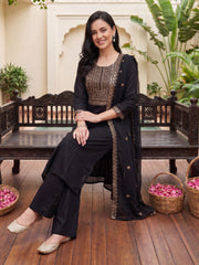 Black Embroidered Straight Kurta Trousers With Dupatta Set