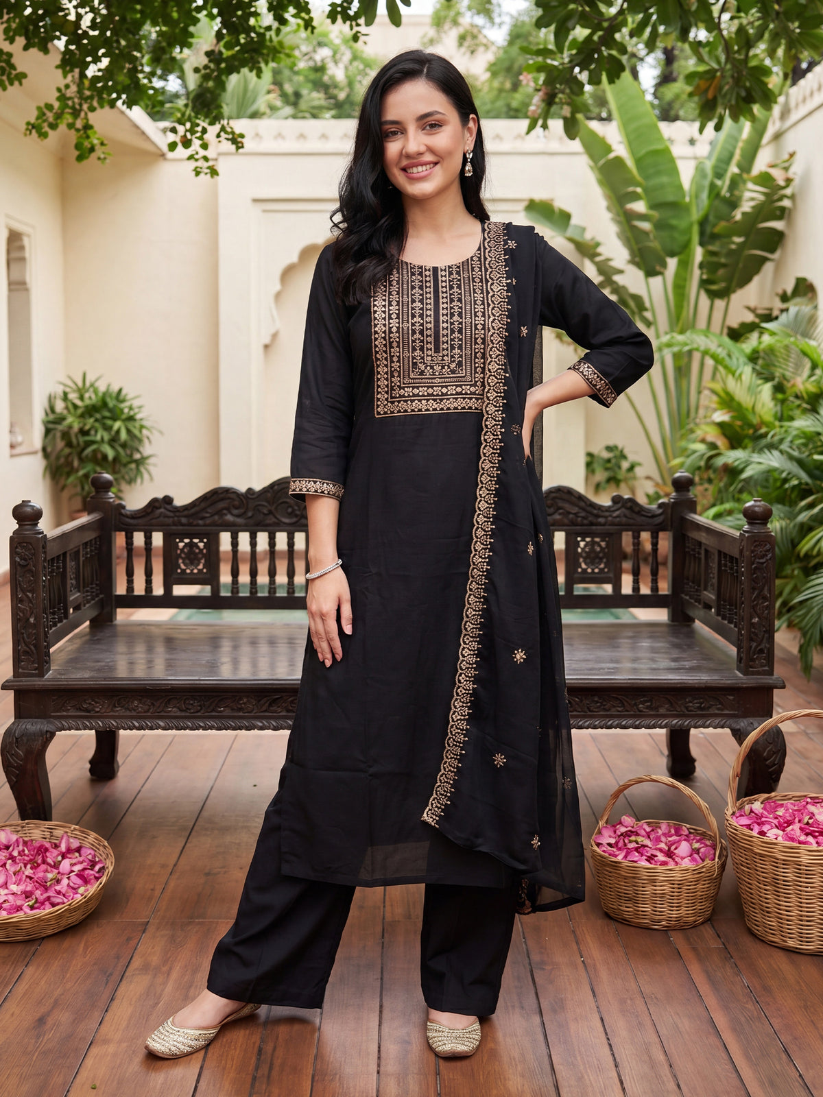 Black Embroidered Straight Kurta Trousers With Dupatta Set