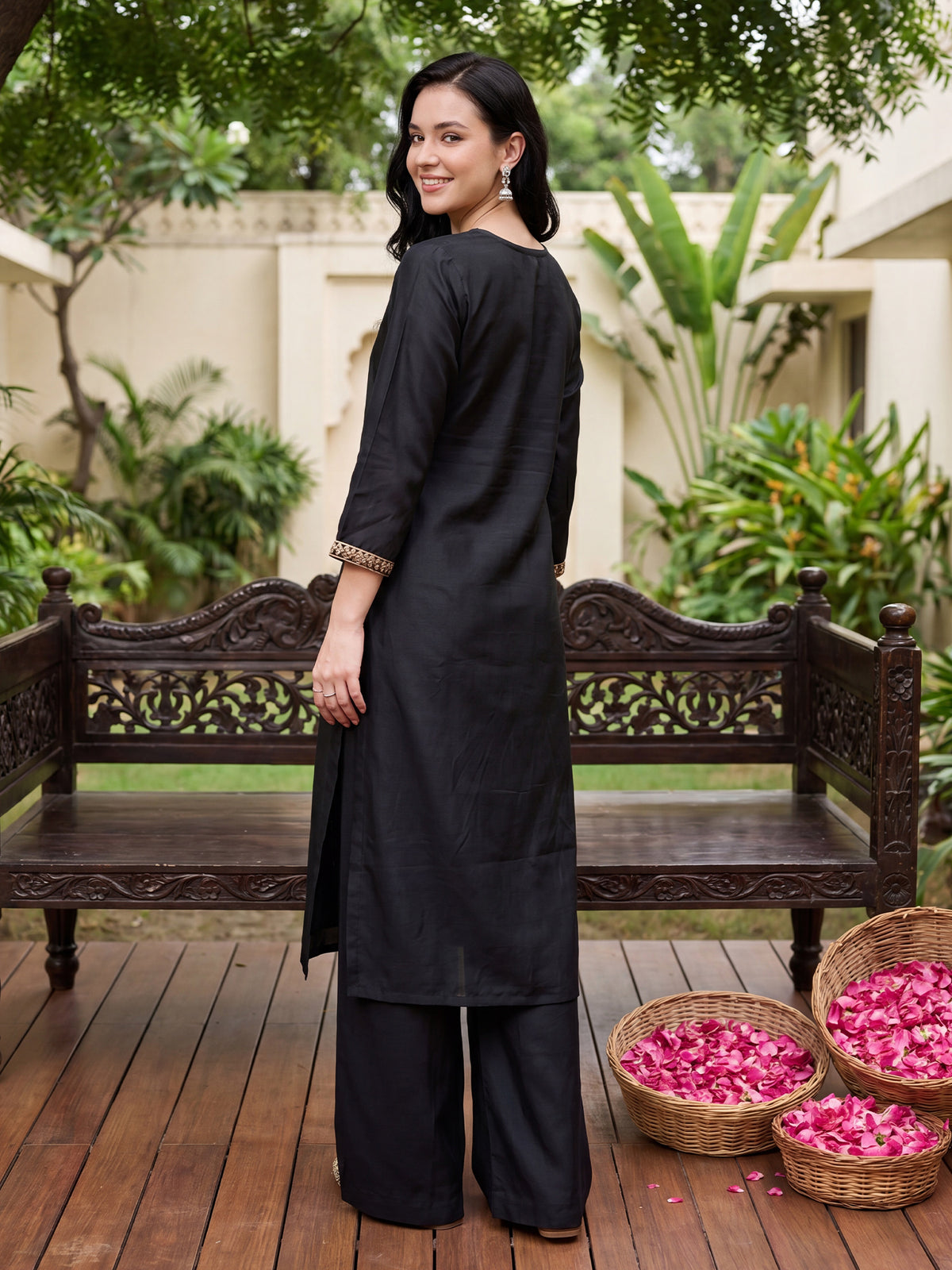 Black Embroidered Straight Kurta Trousers With Dupatta Set