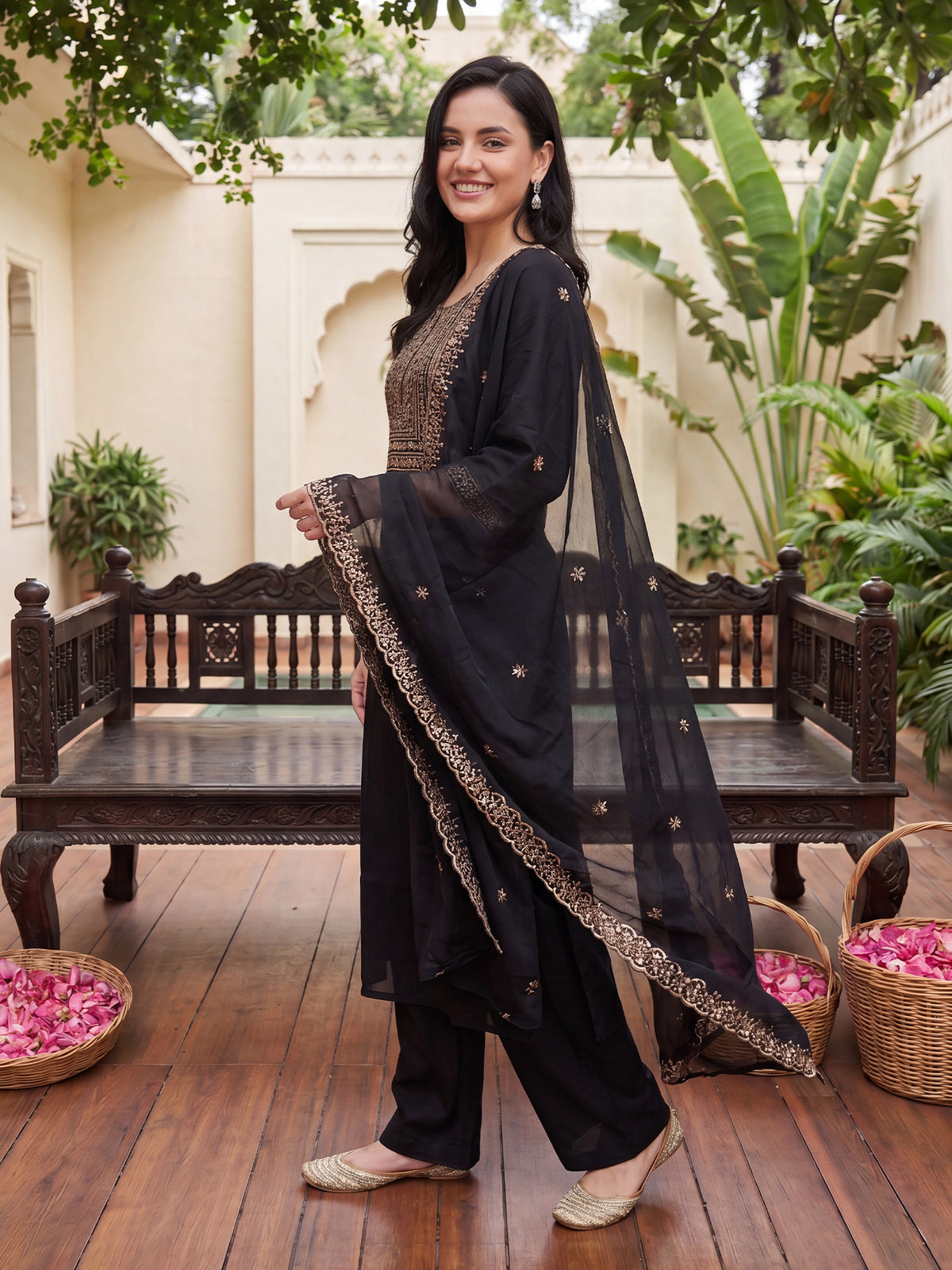 Black Embroidered Straight Kurta Trousers With Dupatta Set