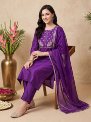 Purple Embroidered Straight Kurta Trousers With Dupatta Set