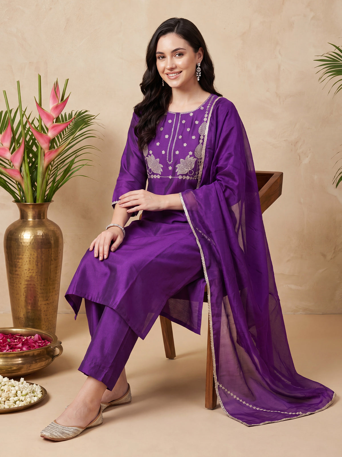 Purple Embroidered Straight Kurta Trousers With Dupatta Set