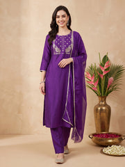 Purple Embroidered Straight Kurta Trousers With Dupatta Set