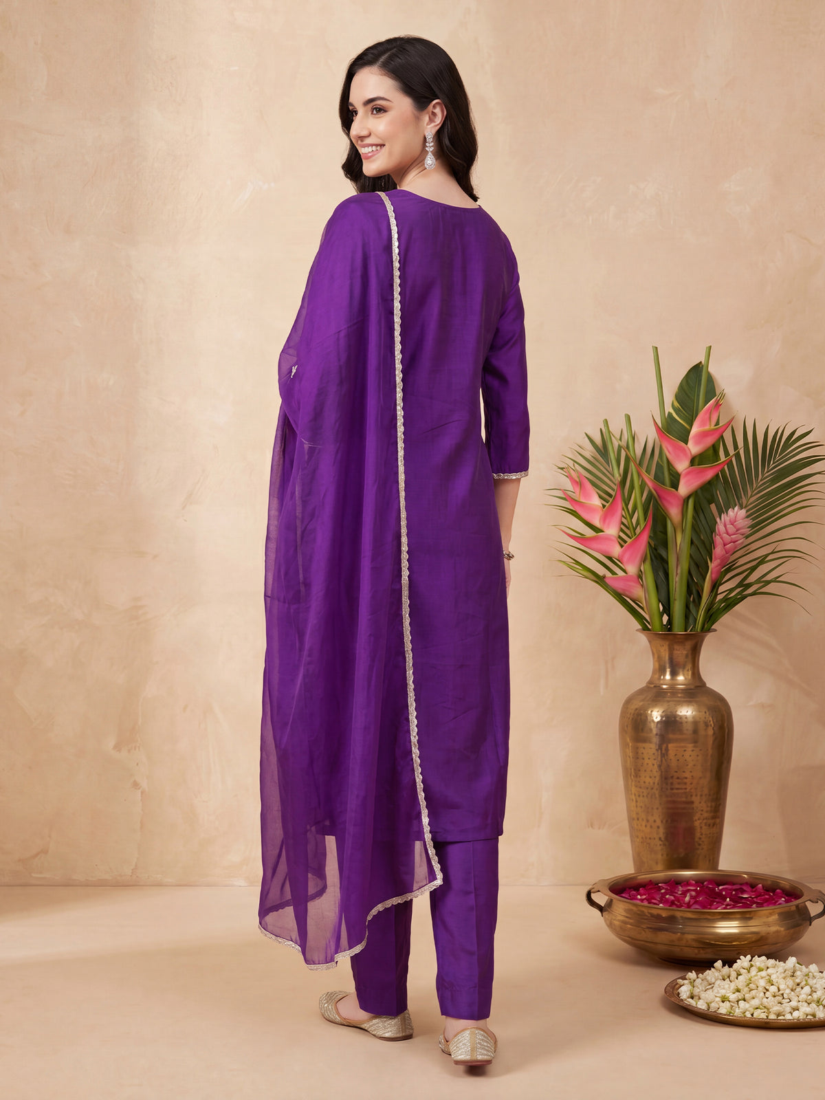 Purple Embroidered Straight Kurta Trousers With Dupatta Set
