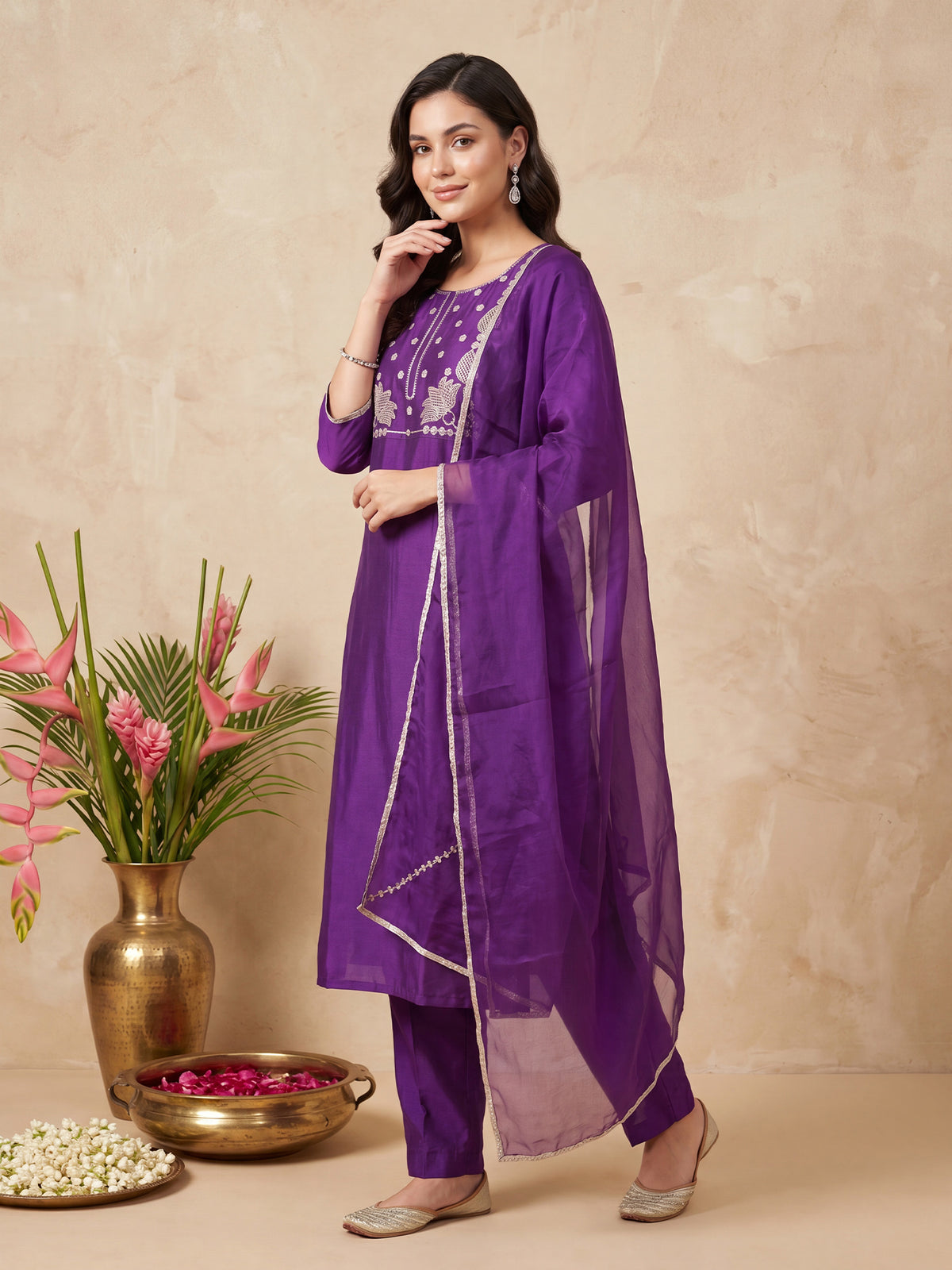 Purple Embroidered Straight Kurta Trousers With Dupatta Set