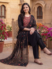 Black Embroidered Straight Kurta Trousers With Dupatta Set