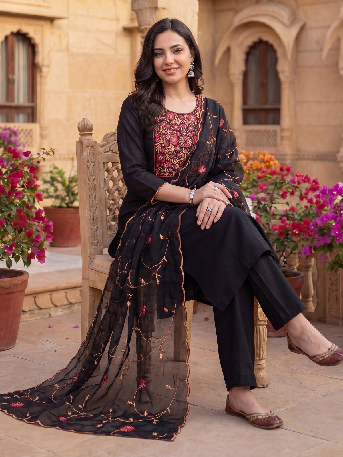 Black Embroidered Straight Kurta Trousers With Dupatta Set