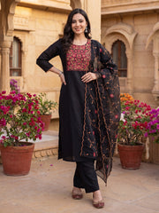 Black Embroidered Straight Kurta Trousers With Dupatta Set