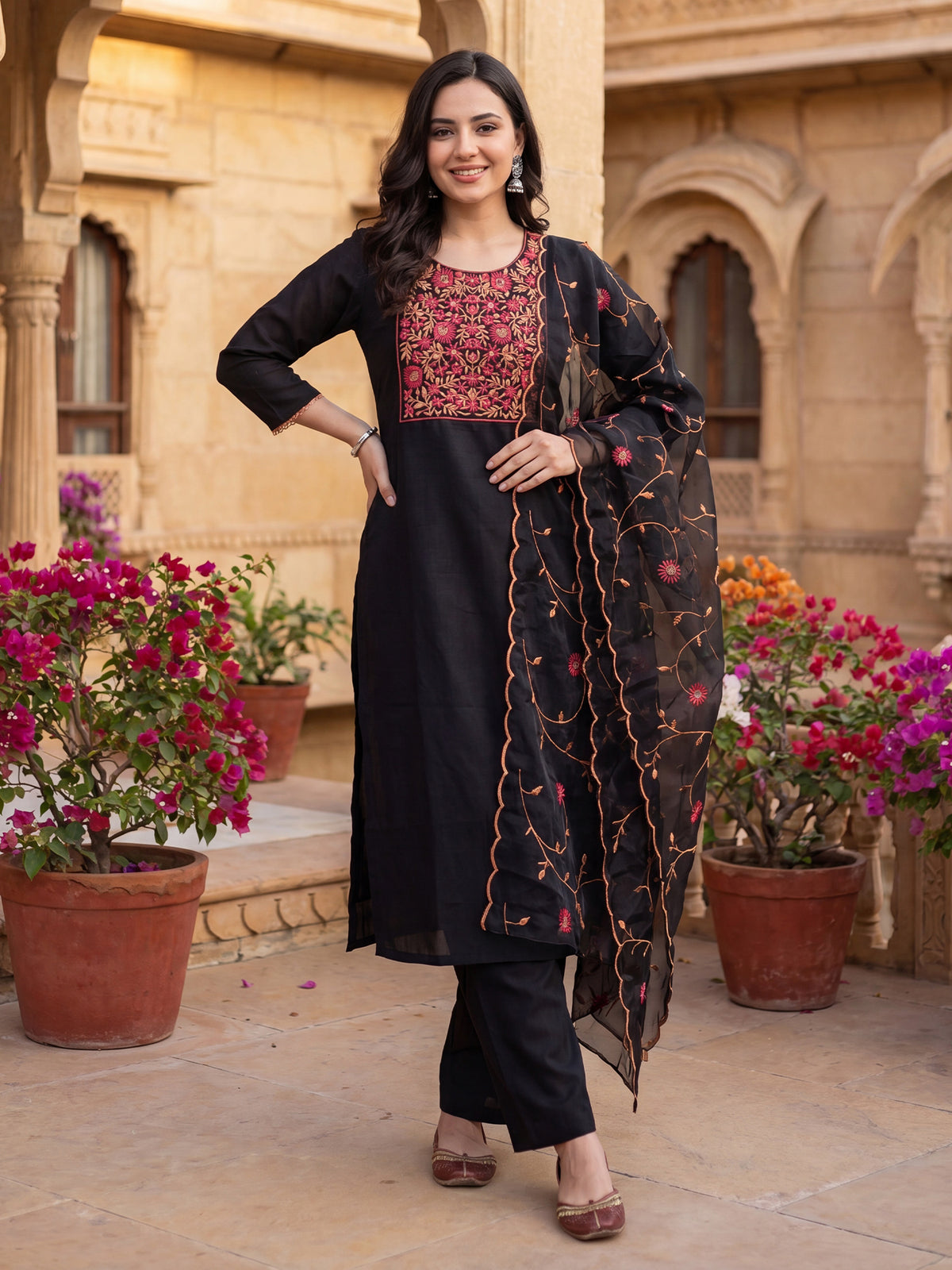 Black Embroidered Straight Kurta Trousers With Dupatta Set