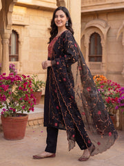 Black Embroidered Straight Kurta Trousers With Dupatta Set