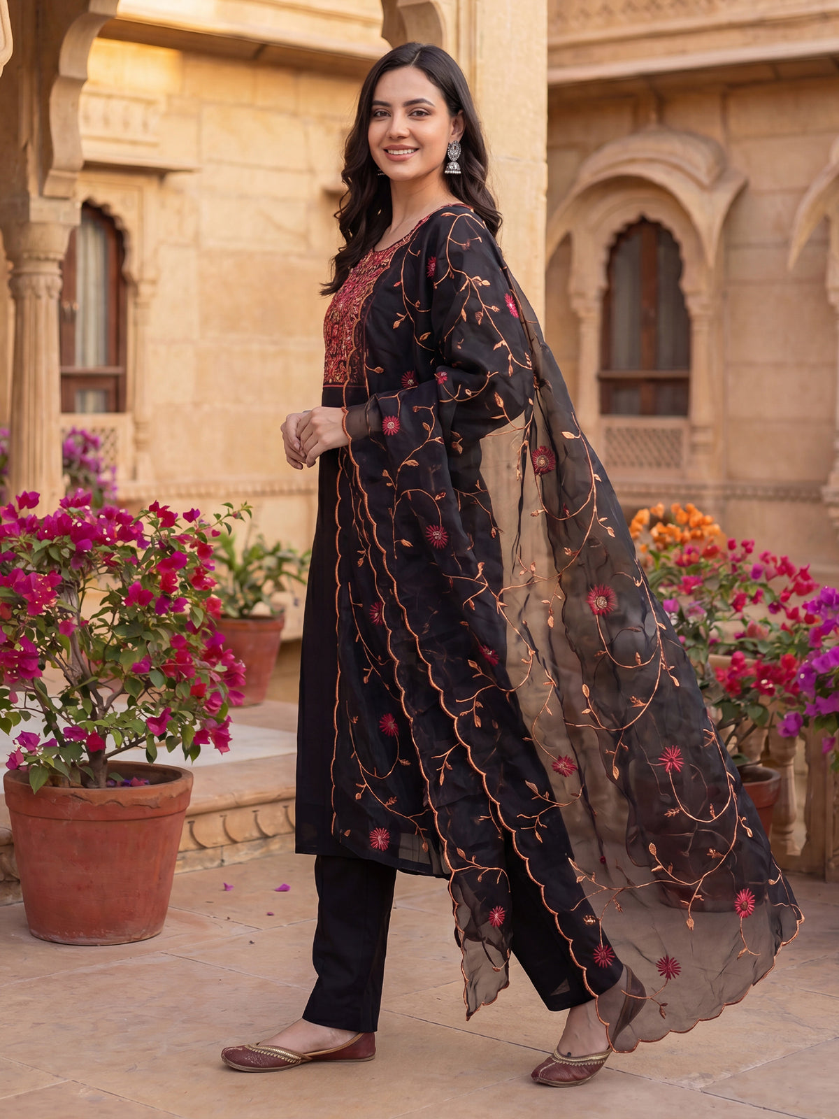 Black Embroidered Straight Kurta Trousers With Dupatta Set