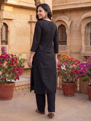 Black Embroidered Straight Kurta Trousers With Dupatta Set