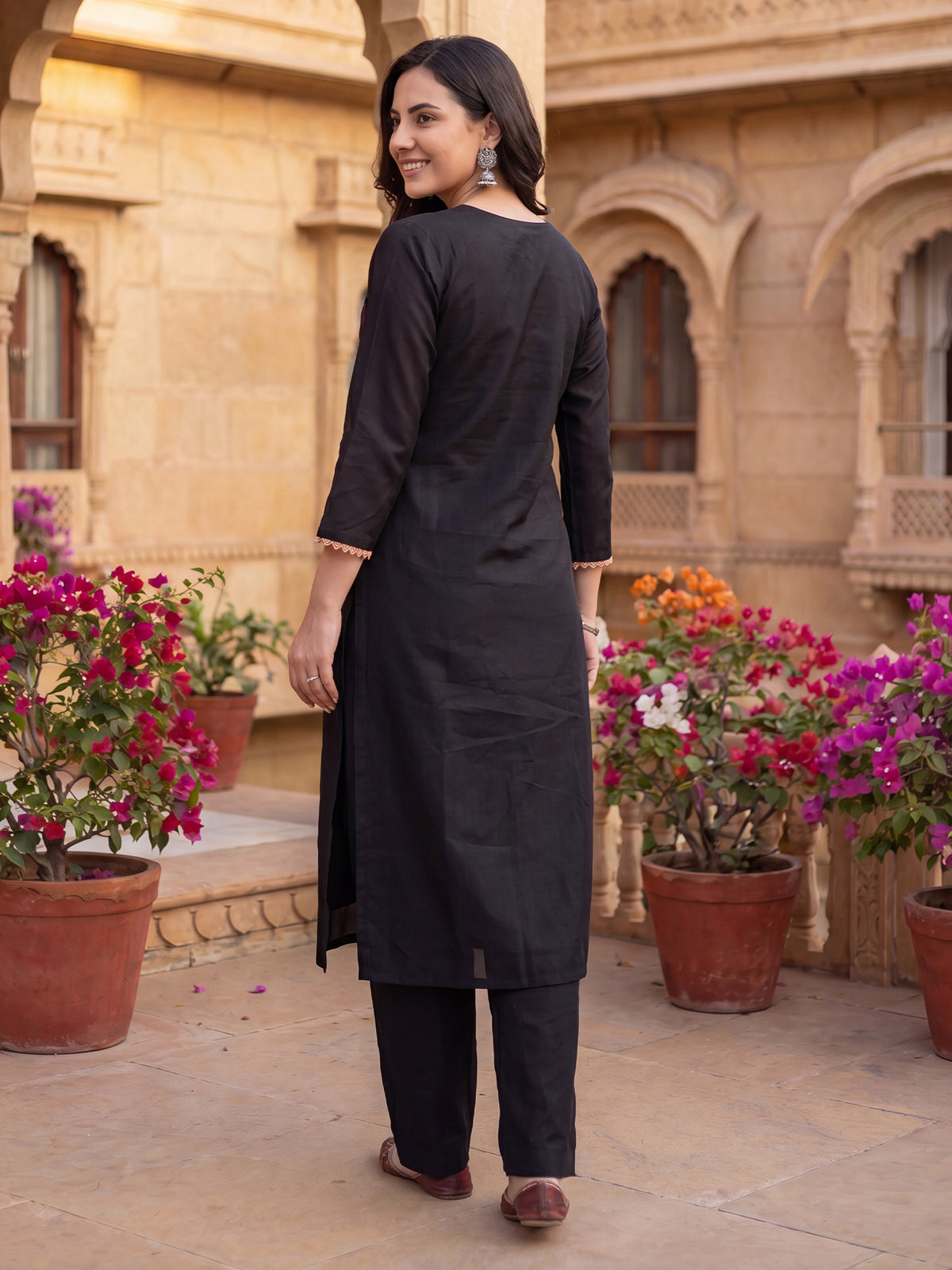 Black Embroidered Straight Kurta Trousers With Dupatta Set