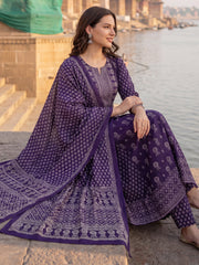 Purple Printed A-Line Kurta Trousers With Dupatta Set