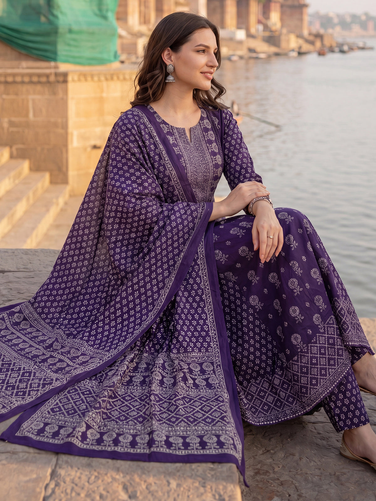 Purple Printed A-Line Kurta Trousers With Dupatta Set