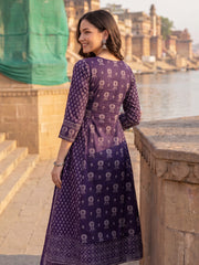 Purple Printed A-Line Kurta Trousers With Dupatta Set
