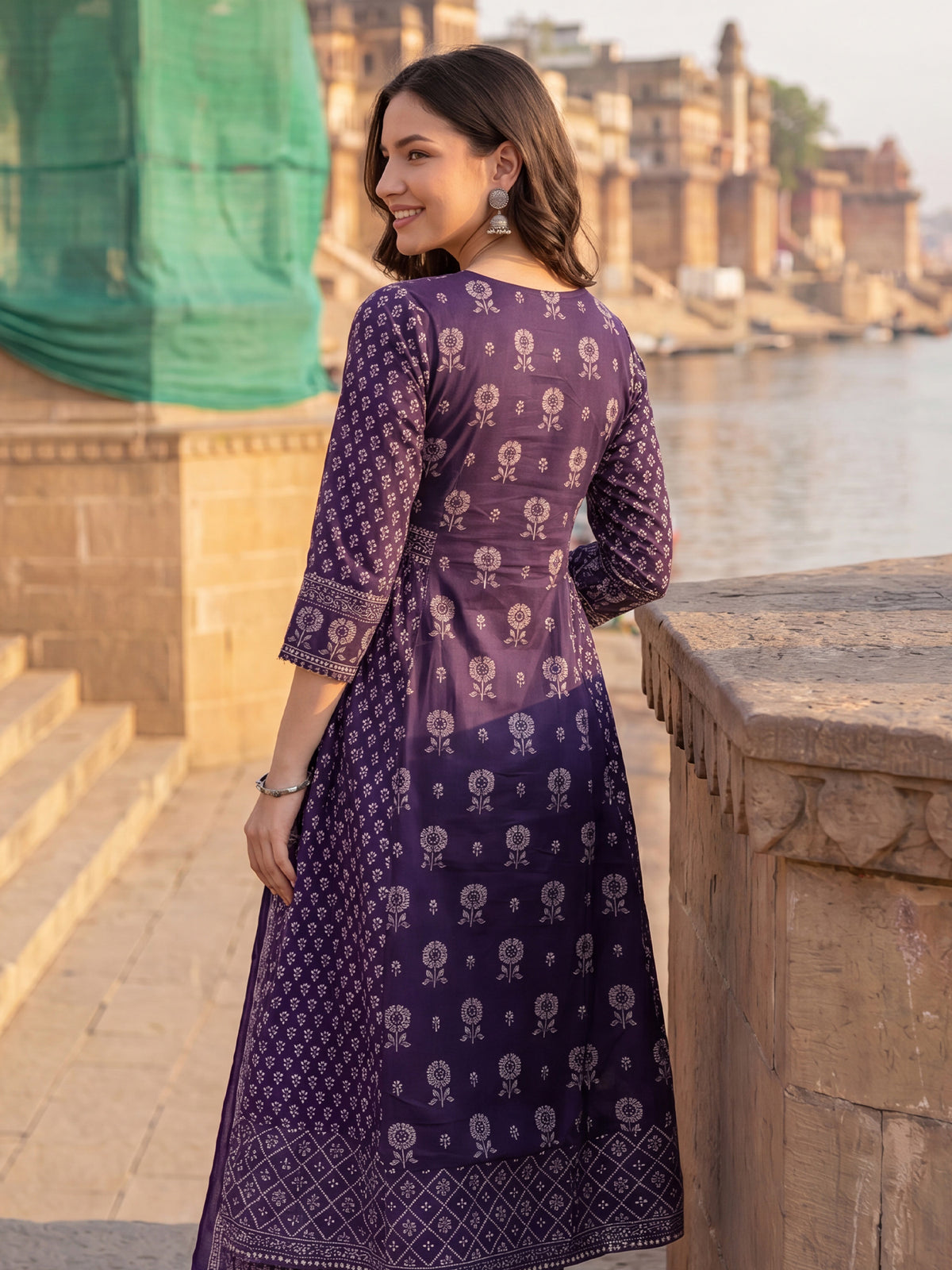 Purple Printed A-Line Kurta Trousers With Dupatta Set