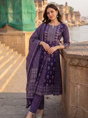Purple Printed A-Line Kurta Trousers With Dupatta Set