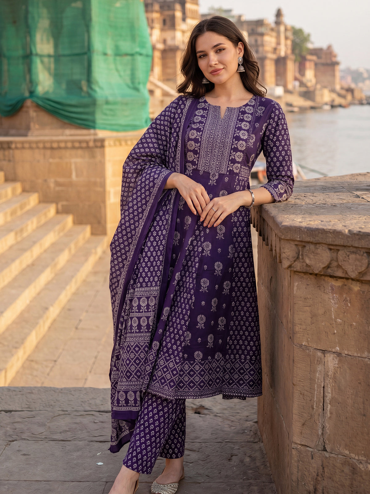 Purple Printed A-Line Kurta Trousers With Dupatta Set