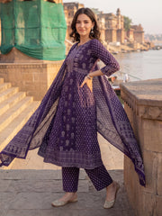 Purple Printed A-Line Kurta Trousers With Dupatta Set