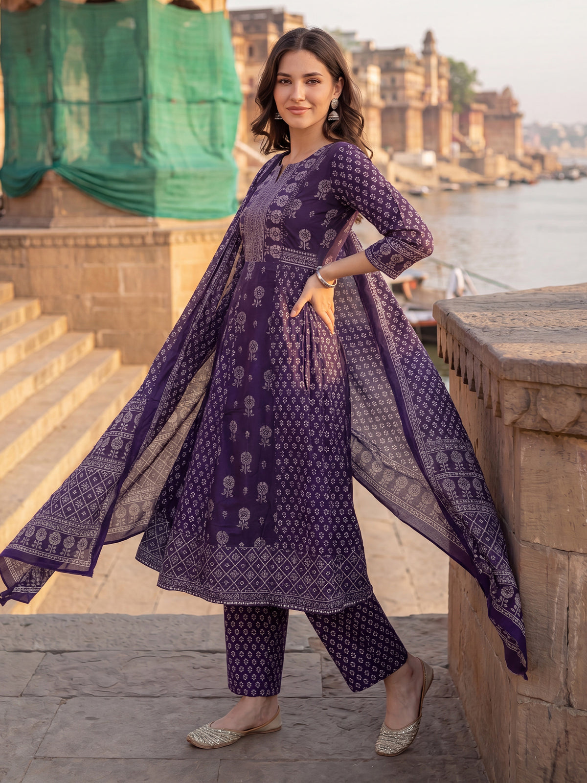 Purple Printed A-Line Kurta Trousers With Dupatta Set