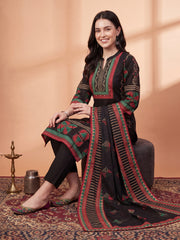 Black Printed Straight Kurta Trousers With Dupatta Set