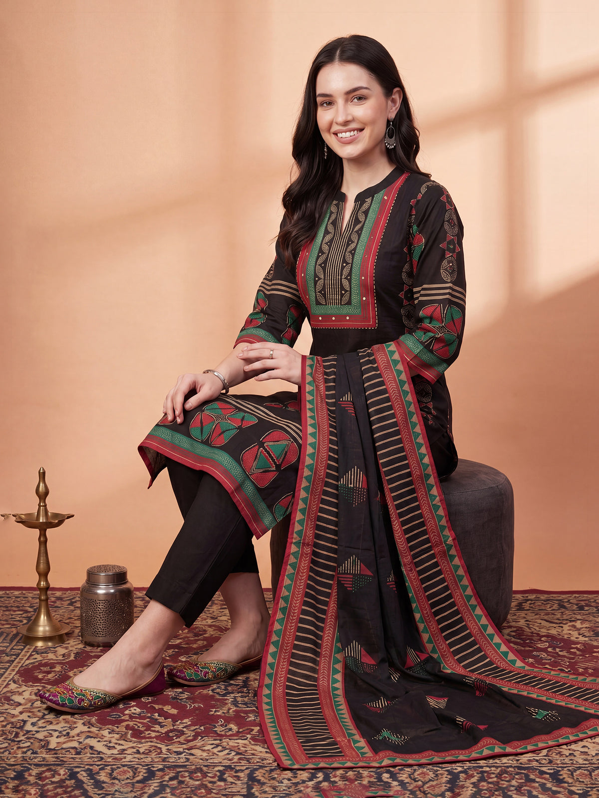 Black Printed Straight Kurta Trousers With Dupatta Set