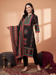 Black Printed Straight Kurta Trousers With Dupatta Set