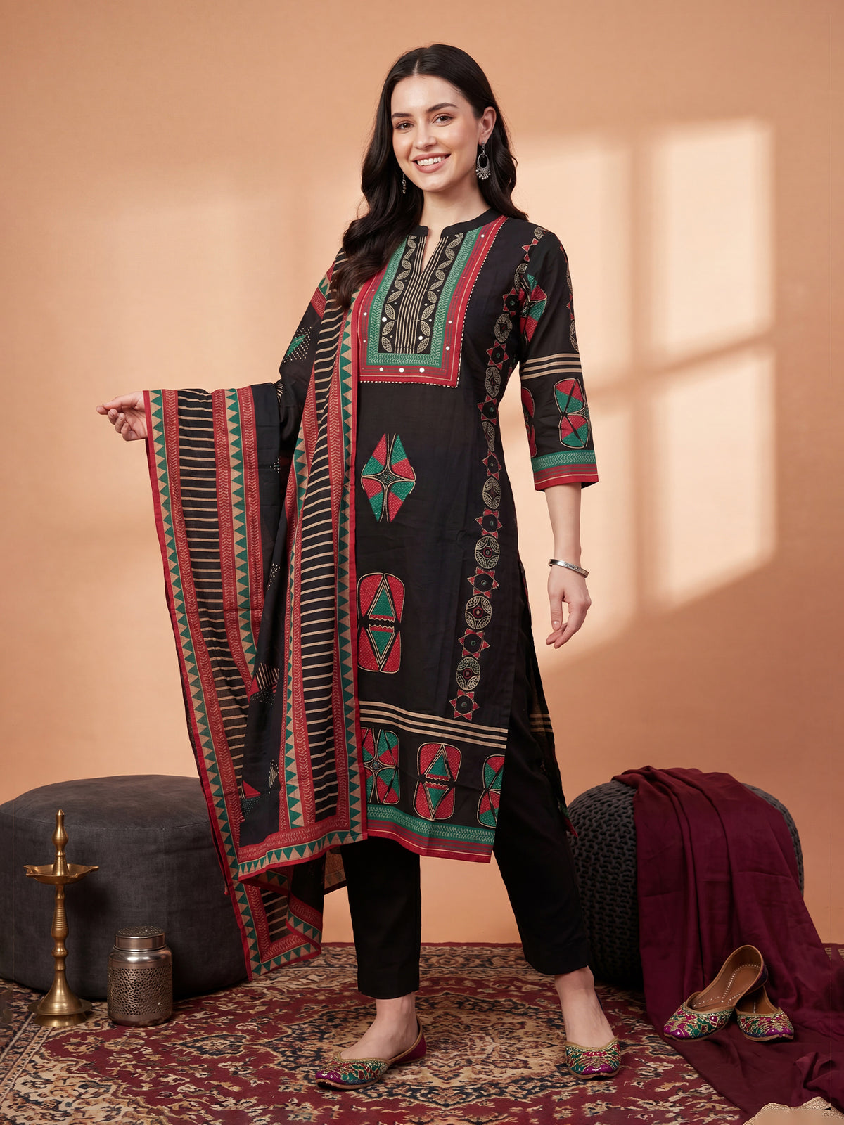 Black Printed Straight Kurta Trousers With Dupatta Set